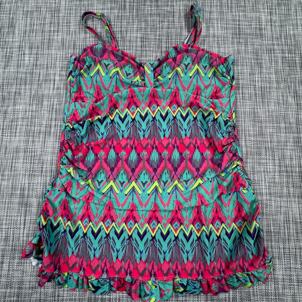 Noon Swim Women's One Piece Swim Dress Multicolor Ikat Ruffle Skirt Swimsuit 14